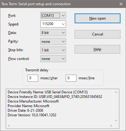 Tera Term Serial port setup for STWIN fan classifier