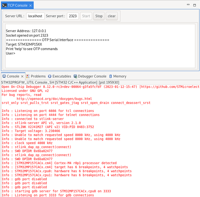 TCP console in running mode